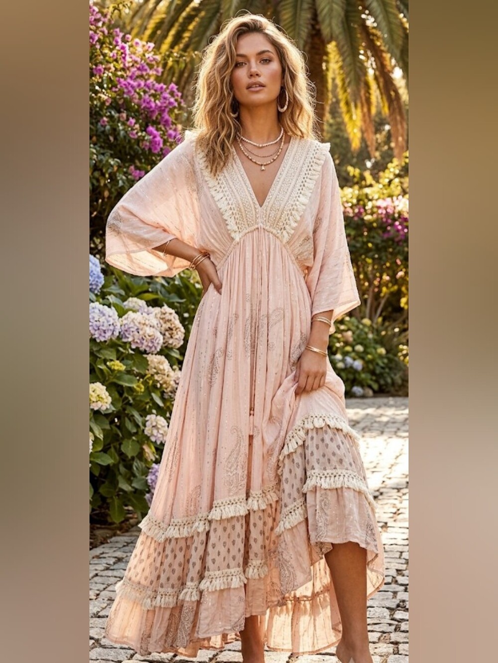 NWOT Zury Boho Paisley Maxi Dress Pink Metallic Lurex Tassel Free Size - Picture 12 of 12